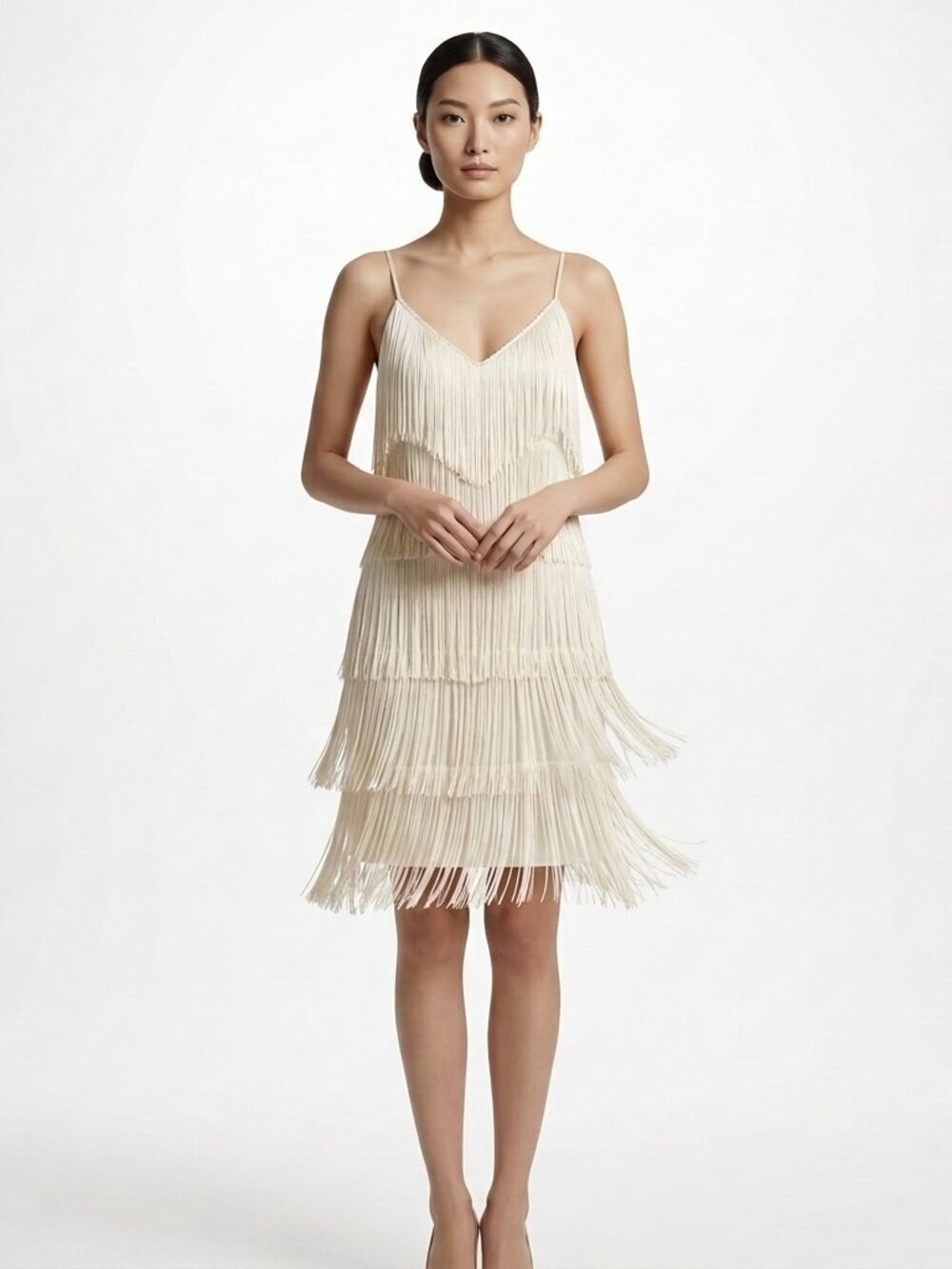 VINTAGE 70s Joy Stevens Ivory Fringe Flapper Gatsby Dress Sz 12